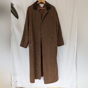 Vintage LL Bean WNool Tweed Trench Coat L Brown Plaid Suede Leather Collar Long